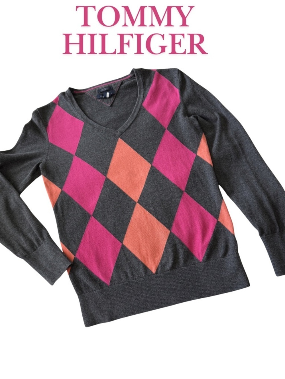 Tommy Hilfiger Women's Gray V-Neck Sweater with Pink and Coral Argyle Pattern,